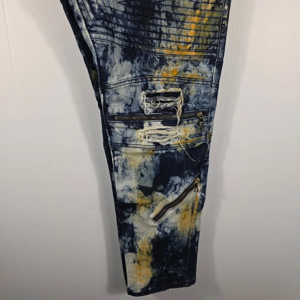 Krome New York Mens 42x32 Moto Biker Jean Acid Wash Distressed Blue Yellow Splat